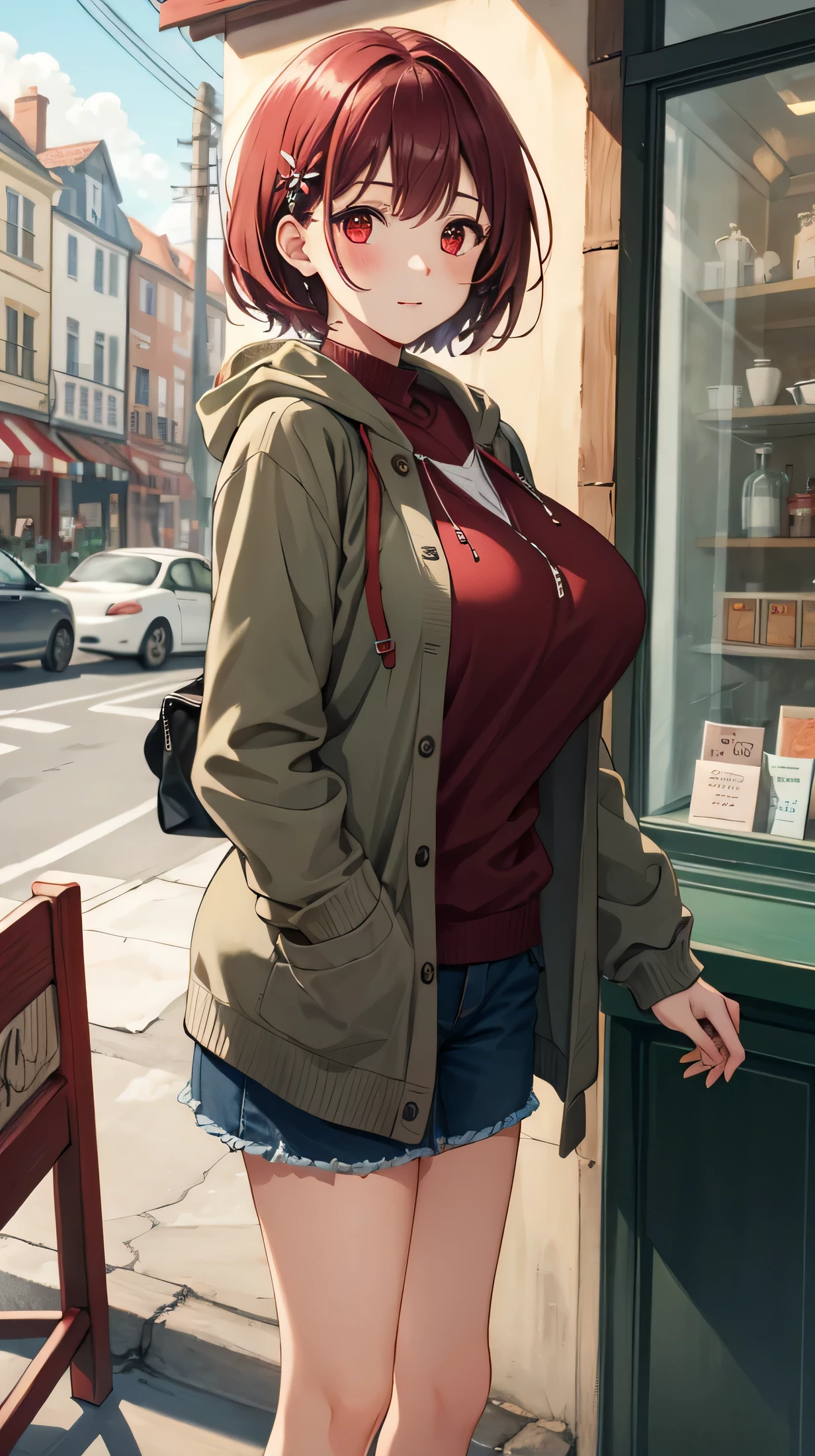 cute,cute,
1 girl, alone,
cranberry hair, pixie cut, bangs, hair ornaments,
red eyes,,
Close a view, from a pigeon,
Severe,
Oversized cardigan with patch pockets and hood,
big breasts,
BREAK The background is a cafe,Gemini,