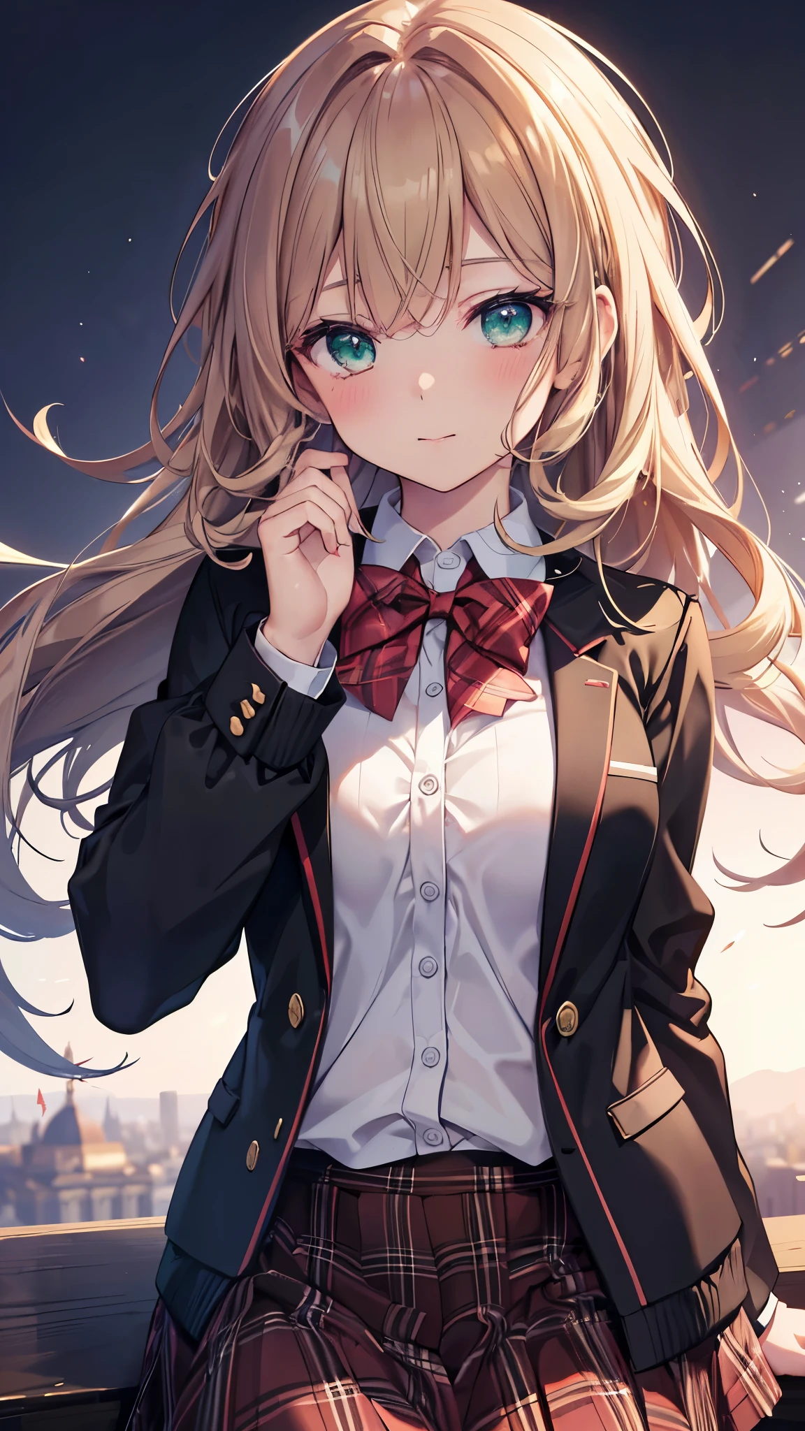 ((table top, highest quality, High resolution, nffsw, perfect pixel, Depth of the bounds written, 4k, nffsw, nffsw))), 1 girl, single, alone, beautiful anime girl, beautiful art style, anime character, ((long hair, bangs, dark brown hair, curly hair:0.8)), ((green eyes:1.4, fine eyes, beautiful eyes, perfect eyes,curled eyelashes, realistic eyes)), ((detailed face, blush:1.2)), ((smooth texture:0.75, realistic texture:0.5, Anime CG style)), medium breasts, dynamic angle, Big breasts, perfect body, dynamic pose, ((red bow tie, , black jacket, open jacket, brown cardigan, white shirt, black skirt, plaid skirt)), smile, open your mouth, turn your arms behind your back, leaning forward, Amalment Park, ((close, throw, cute, shoot in the face))