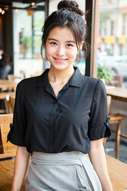 "Best quality, Bun Hair, Wearing Casual Blouse and A-line Skirt, Shy Smile, Natural Light, at Cafe"