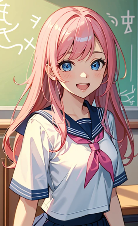 (masterpiece、top-quality、8k size wallpaper、offcial art)、(portrait,upper body)、(1girl),Open mouth happy grin,cute face,blue eyes、
,(stand),
,(sexy body),(sailor uniform,skirt),(long pink hair), (small breasts)、
、classroom,JK、