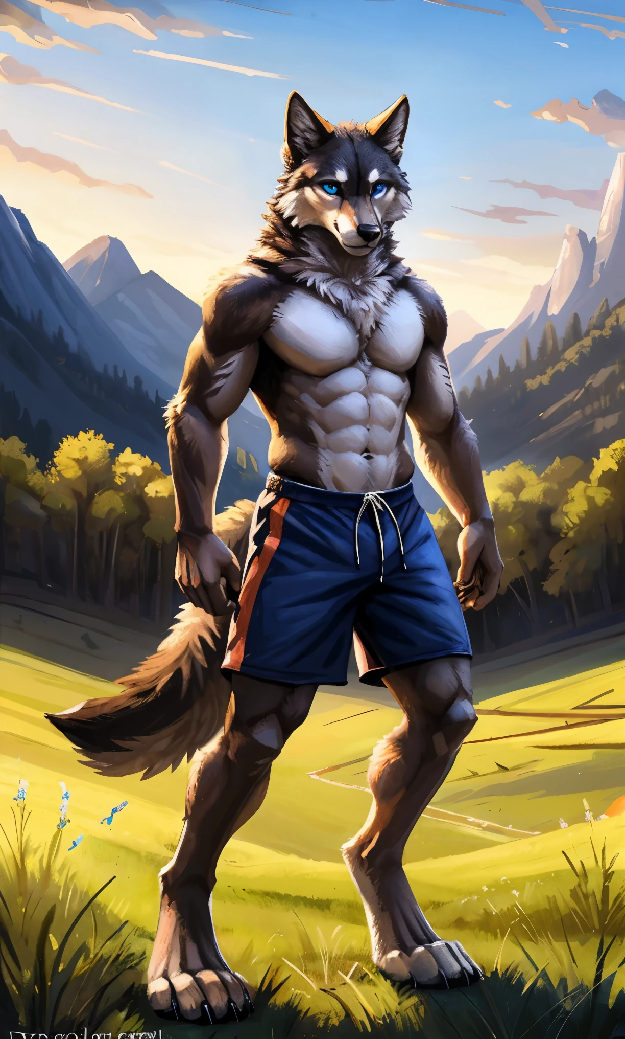 ((Solo)), male people, anthro wolf, (Multi-colored fur, White-brown:1.3，White tail pointed), (Height 2.1m,Tail length 1.2m), ((Wolf face, Big eyes, White eyelids, Blue pupil, Slim:1.2) (Tough, Calm expression:1.2)), Abs, Slim, pinging)), (Correct anatomy), (Work shorts:1.1), The upper body  naked, (detailed outfits),A long big tail，Feet，(Realistic fur, Detailed fur texture, labeled:1.3)), (Natural lighting), Photorealistic, Hyperrealistic, ultradetailed, by Kenket，Field，erect through，Running on