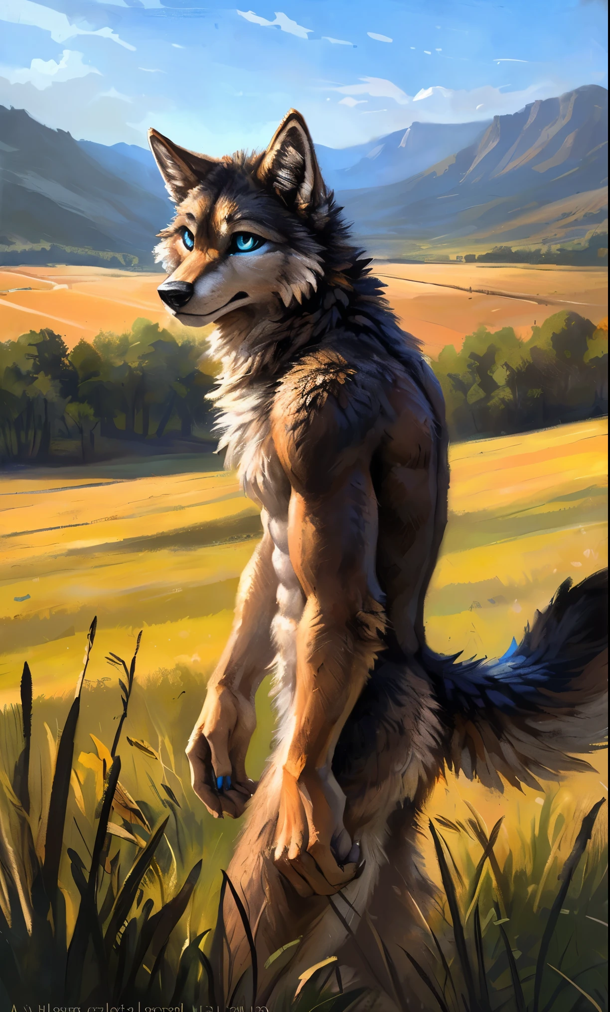 ((Solo)), male people, anthro wolf, (Multi-colored fur, White-brown:1.3,White tail pointed), (Height 2.1m,Tail length 1.5m), ((Wolf face, Big eyes, White eyelids, Blue pupil, Slim:1.2) (Tough, Calm expression:1.2)), Abs, Slim, pinging)), (Correct anatomy), Naked all over the body,A long big tail,Feet,(Realistic fur, Detailed fur texture, labeled:1.3)), (Natural lighting), Photorealistic, Hyperrealistic, ultradetailed, by Kenket,Field,No artifacts
