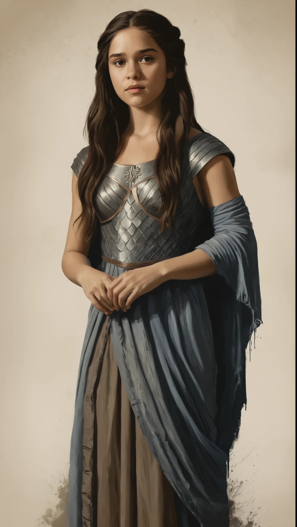 An illustrated movie poster, hand-drawn, full color, a young girl, wearing a regal chiton, warm brown complexion, dark hair, long loose hair, waist-length hair, posing on a pedestal, hard shadows, graphite shading, stencil marks, airbrushed acrylic paint, masterpiece, in the style of Game of Thrones