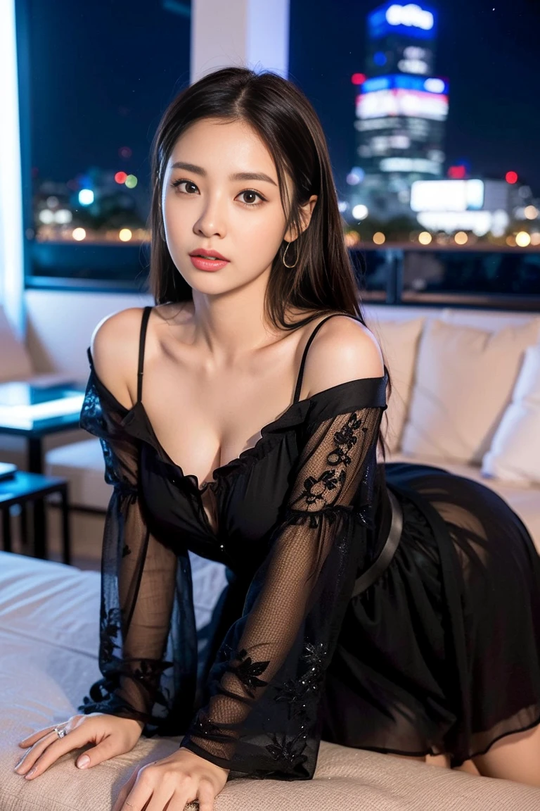 dark brown hair、light brown eyes、Japanese actress face、 lady、I'Iは彼とIが好きです'I'Iは40歳くらいです.、(intricate details:1.2)、(which one is the top?:1.4)、 (ultra high resolution:1.2)、ultra high resolution、(finely tuned)、(detailed facial features)、nffsw、8K resolution、D cup size breasts、long hair、rooftop bar、night view、luxurious space、relax、、,full body photo、head to toe shot、beautiful feet、camisole dress、beautiful feet、she, center of fashion, extreme details, very detailed, realistic, hourglass body, obscene pose,、、I cry a lot、tears、diagonally from below、raise your chin、put your butt against the wall、relaxした表情、Pose of Weakness、(auraroid photo:1.2)、from outside the window、A masterpiece of transparent painting、8K、32k、highest quality、(Details of both eyes)、1 girl、elegant、(black loose dress :1.4)、night view。(Low - Angle、見上げてIを見ている:1.2)、Hilarious、look at the camera、