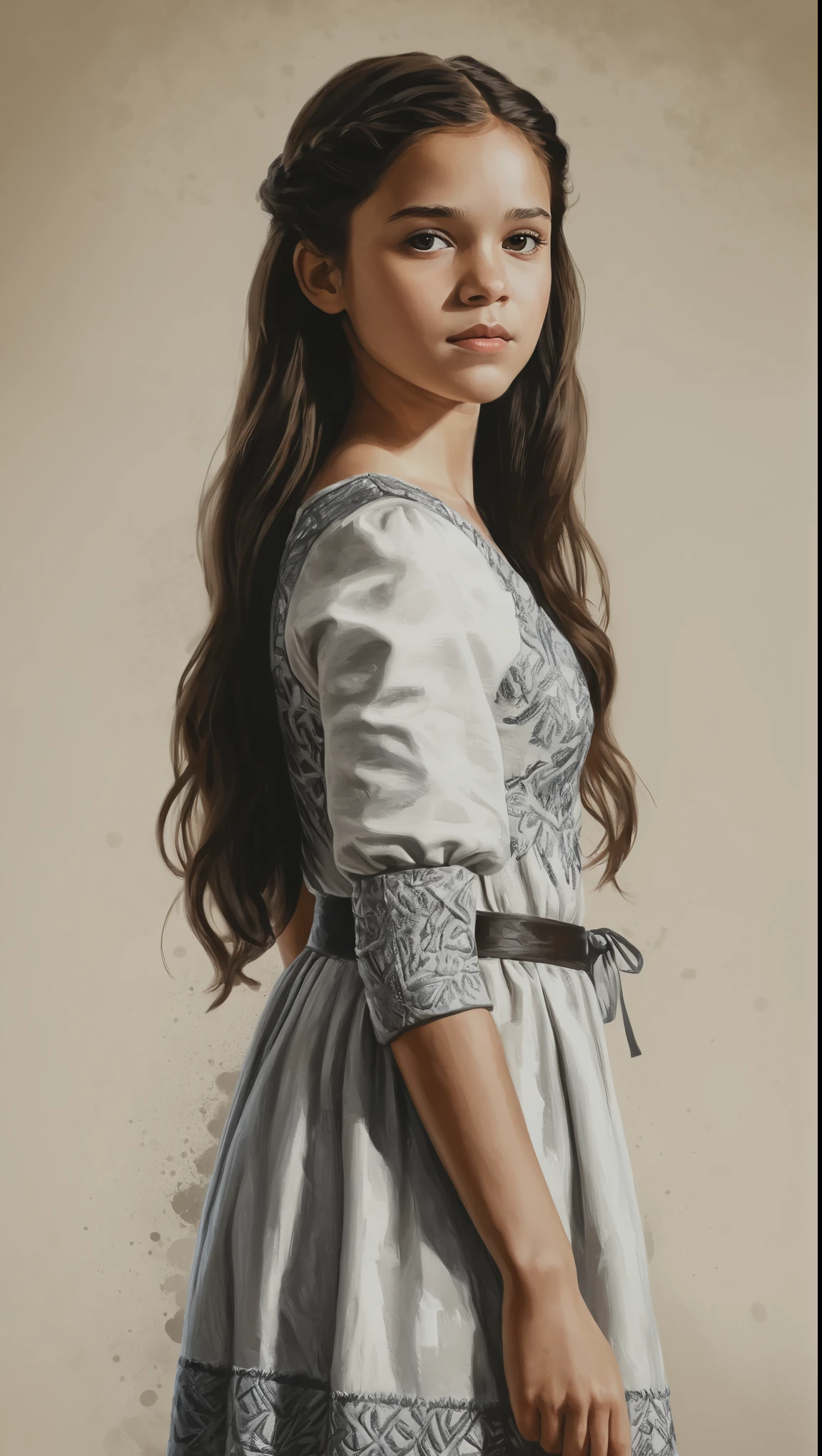 An illustrated movie poster, hand-drawn, full color, a young girl, wearing a black and white dress, warm brown complexion, dark hair, long loose hair, waist-length hair, posing on a pedestal, hard shadows, graphite shading, stencil marks, airbrushed acrylic paint, masterpiece, in the style of Game of Thrones