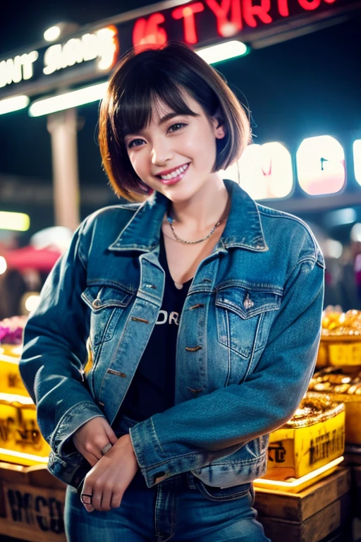 "Masterpiece, Short Hair, Wearing Leather Jacket and Jeans, Chuckle Smile, Neon Lights, at Market"