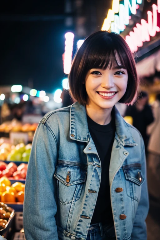 "Masterpiece, Short Hair, Wearing Leather Jacket and Jeans, Chuckle Smile, Neon Lights, at Market"