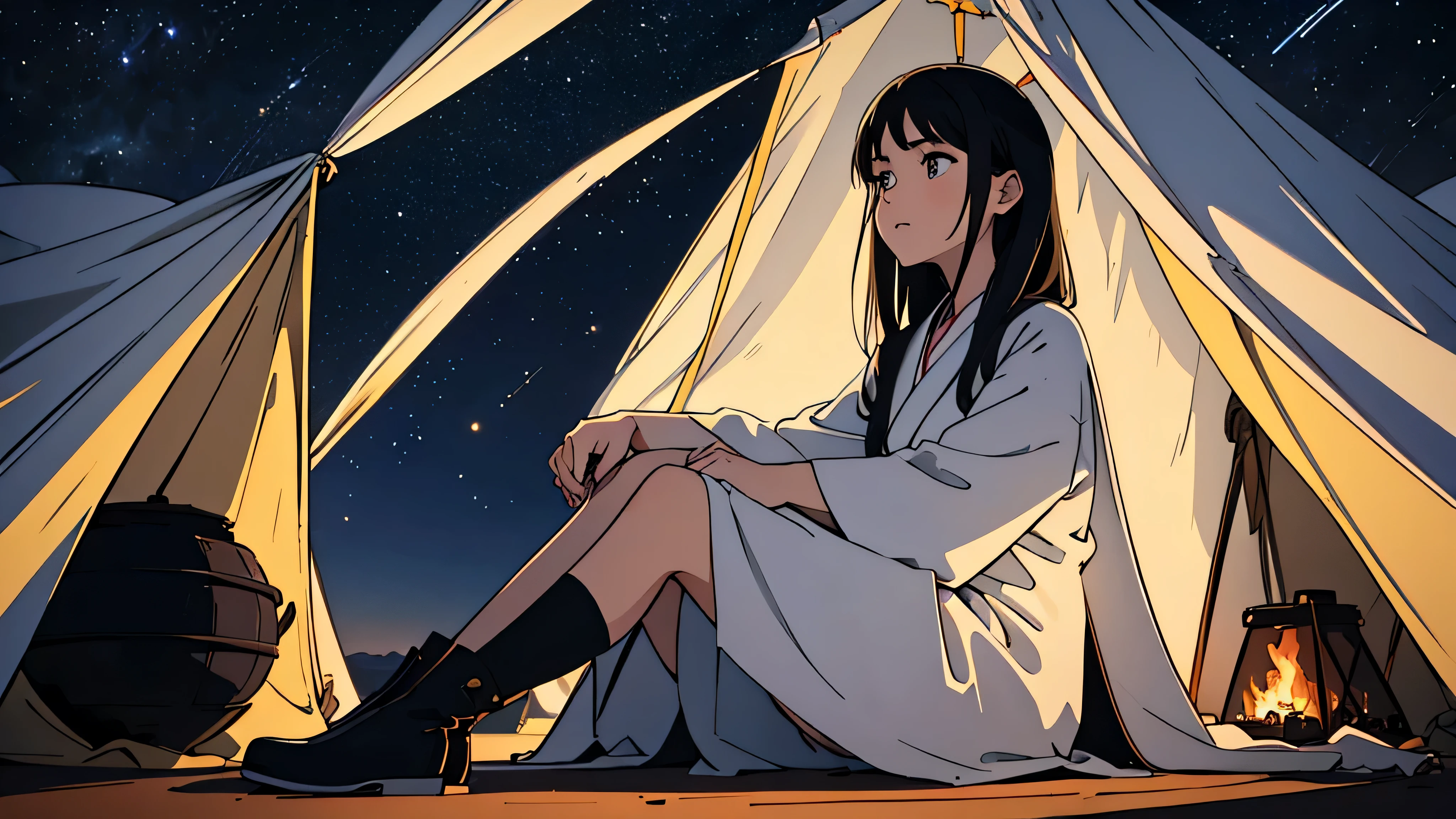 Generate an image of a girl sitting alone near a singular campfire and a single tent. She is gazing at the fire with her face tilted forward, wearing a calm expression. Her hair is short and bobbed, a shade close to black. She is dressed in a long white traveler-style robe paired with black boots. The background showcases a vast desert with a single small tent, providing a view of the desert night sky filled with twinkling stars. Her hair is gently swaying in the wind.