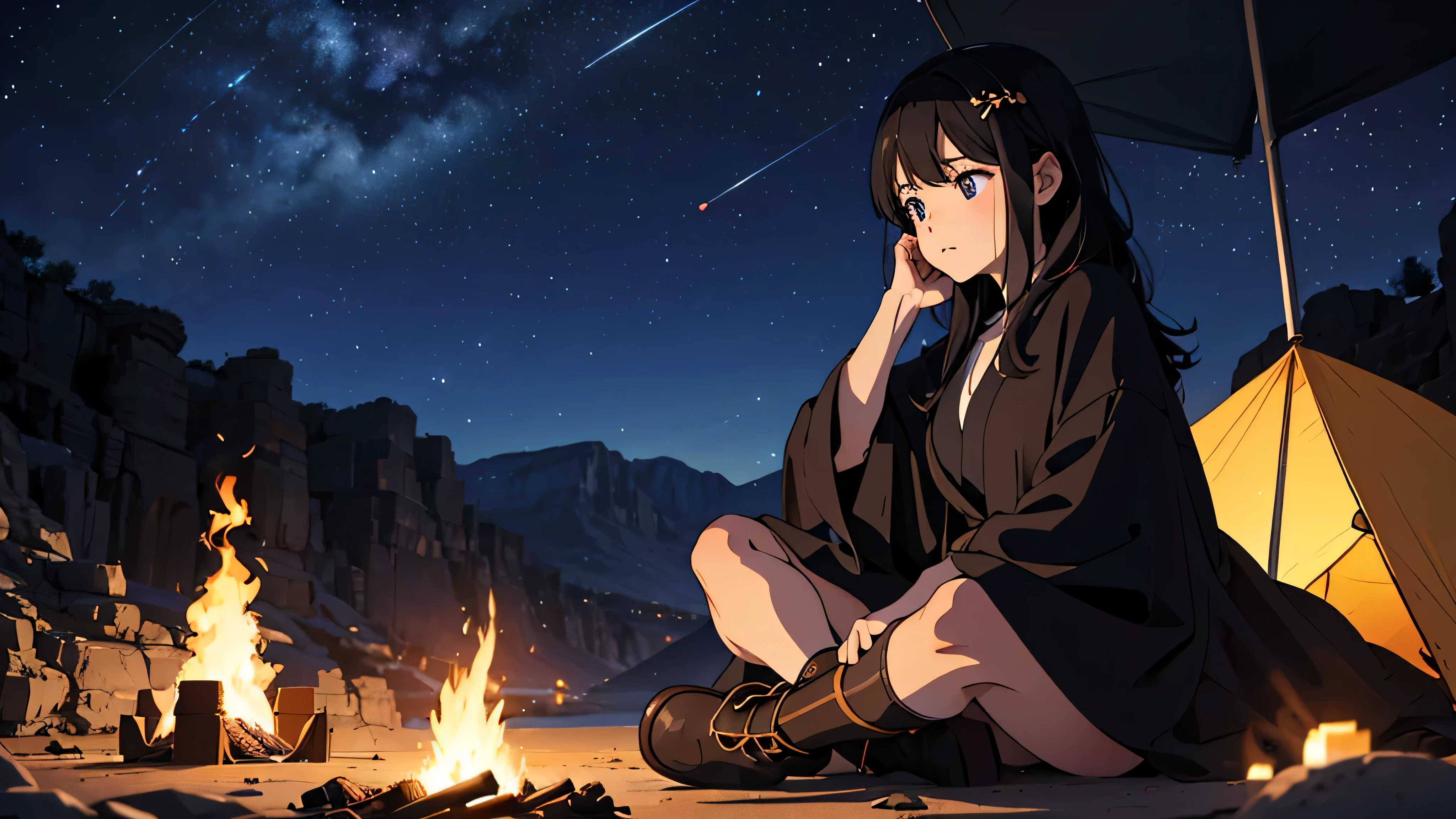 Generate an image of a girl sitting alone near a singular campfire and a single tent. She is gazing at the fire with her face tilted forward, wearing a calm expression. Her hair is short and bobbed, a shade close to black. She is dressed in a long white traveler-style robe paired with black boots. The background showcases a vast desert with a single small tent, providing a view of the desert night sky filled with twinkling stars. Her hair is gently swaying in the wind.