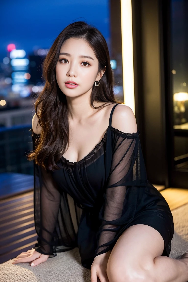 dark brown hair、light brown eyes、Japanese actress face、 lady、I'Iは彼とIが好きです'I'Iは40歳くらいです.、(intricate details:1.2)、(which one is the top?:1.4)、 (ultra high resolution:1.2)、ultra high resolution、(finely tuned)、(detailed facial features)、nffsw、8K resolution、D cup size breasts、long hair、rooftop bar、night view、luxurious space、relax、、,full body photo、head to toe shot、beautiful feet、camisole dress、beautiful feet、she, center of fashion, extreme details, very detailed, realistic, hourglass body, obscene pose,、、I cry a lot、tears、diagonally from below、raise your chin、put your butt against the wall、relaxした表情、Pose of Weakness、(auraroid photo:1.2)、from outside the window、A masterpiece of transparent painting、8K、32k、highest quality、(Details of both eyes)、1 girl、elegant、(black loose dress :1.4)、night view。(Low - Angle、見上げてIを見ている:1.2)、Hilarious、look at the camera、