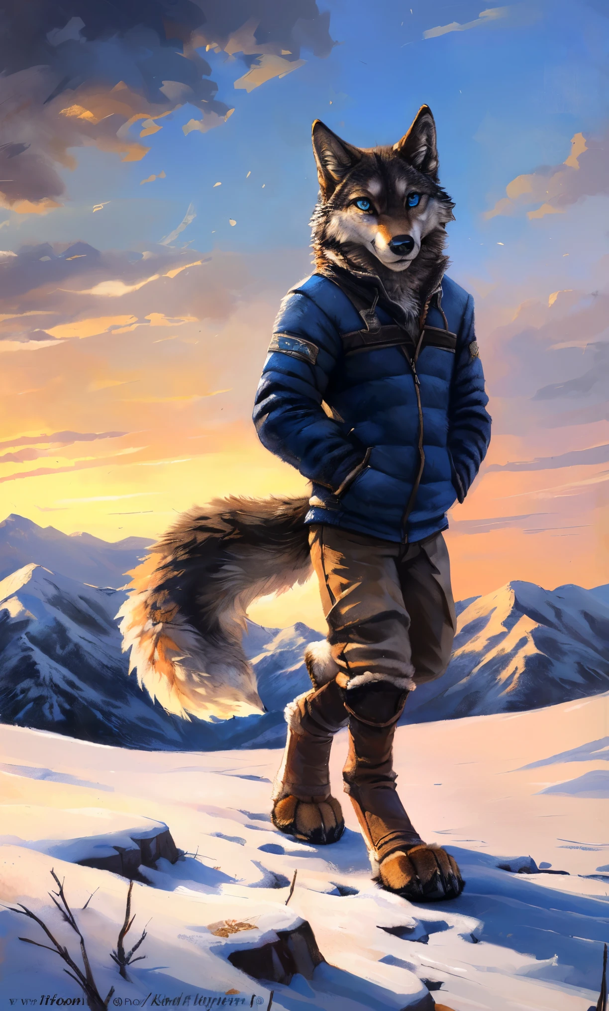 ((Solo)), male people, anthro wolf, (Multi-colored fur, White-brown:1.3，White tail pointed), (Height 2.1m,Tail length 1.2m), ((Wolf face, Big eyes, White eyelids, Blue pupil, Slim:1.2) (Tough, Calm expression:1.2)), Slim, pinging)), (Correct anatomy), (Winter clothing:1.1), The upper body  naked, (detailed outfits),A long big tail，Feet，(Realistic fur, Detailed fur texture, labeled:1.3)), (Natural lighting), Photorealistic, Hyperrealistic, ultradetailed, by Kenket，Snowfield，erect through，Running on