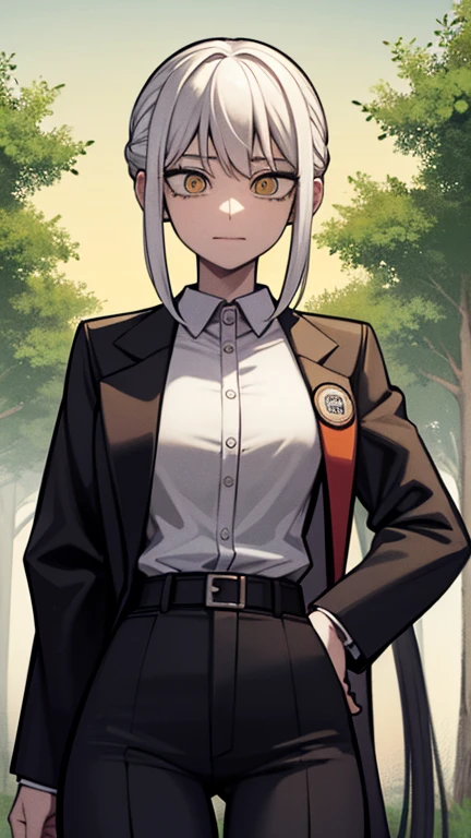 Masterpiece, Best quality, High accuracy, 1girl, Single, Kocho Shinobu, Light green eyes with Sharingan , White hair, long hair , Parted bangs, Black pants, Black jacket, hair tied, Akama, Kunoichi, M. Long, belt, Cowboy shot, forest, a night, Moon, calm smile, Naruto 