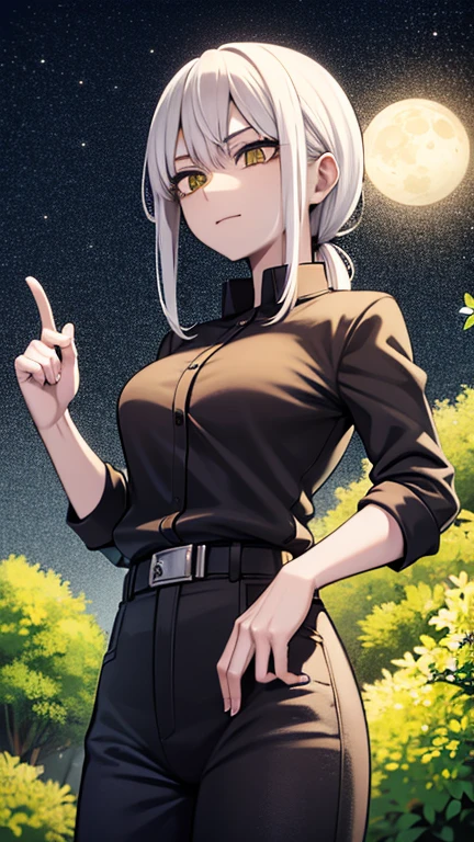 Masterpiece, Best quality, High accuracy, 1girl, Single, Kocho Shinobu, Light green eyes with Sharingan , White hair, long hair , Parted bangs, Black pants, Black jacket, hair tied, Akama, Kunoichi, M. Long, belt, Cowboy shot, forest, a night, Moon, calm smile, Naruto 