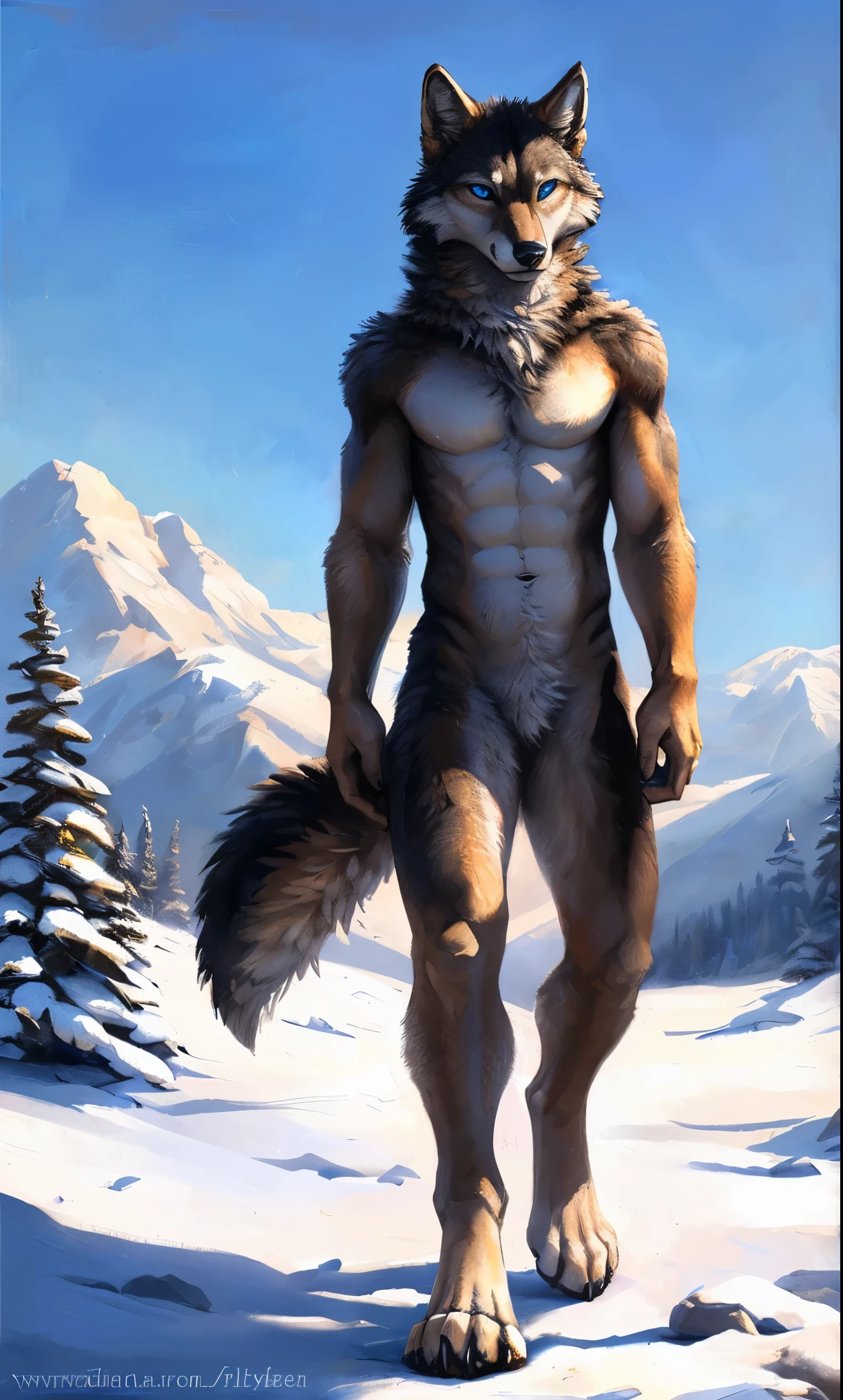 ((Solo)), male people, anthro wolf, (Multi-colored fur, White-brown:1.3,White tail pointed), (Height 2.1m,Tail length 1.5m), ((Wolf face, Big eyes, White eyelids, Blue pupil, Slim:1.2) (Tough, Calm expression:1.2)), Abs, Slim, pinging)), (Correct anatomy), Naked all over the body,A long big tail,Feet,(Realistic fur, Detailed fur texture, labeled:1.3)), (Natural lighting), Photorealistic, Hyperrealistic, ultradetailed, by Kenket,Snowfield,No artifacts, Walking