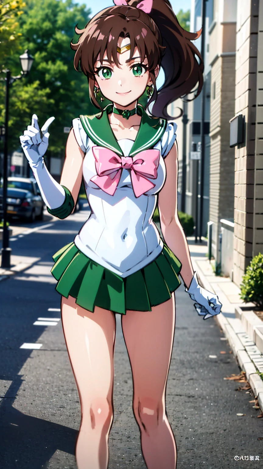 best quality, masterpiece, sailor_jupiter, brown ponytail, green eyes, pink bow, white gloves, choker, circlet, green skirt, looking at viewer, smiling, medium shot, (microminiskirt)
standing, outside, city, street, blue sky, extreme detail, hdr, beautiful quality, 