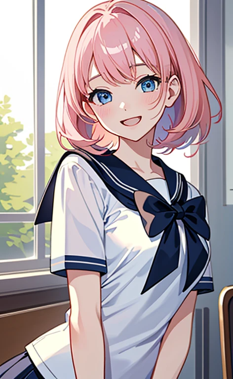 (1 girl),(Best Picture Quality, 8K, Masterpiece:1.3), (high school student:1.5), (pink lob hair:1.1), [skyblue hair:0.1], (bob cut),(swept bangs), (cute eyes, pupil black, iris skyblue, youthful face), (mole under right eye), (standard weight), (medium breasts), (glistening skin:1.1),(pale skin:1.2), ((serafuku, white sailor short sleeve simple shirt, darkblue skirt, darkblue sailor collar, pink ribbon)), (under-rim pink glasses, wayfarer glasses),(high angle) ,(crossed legs)