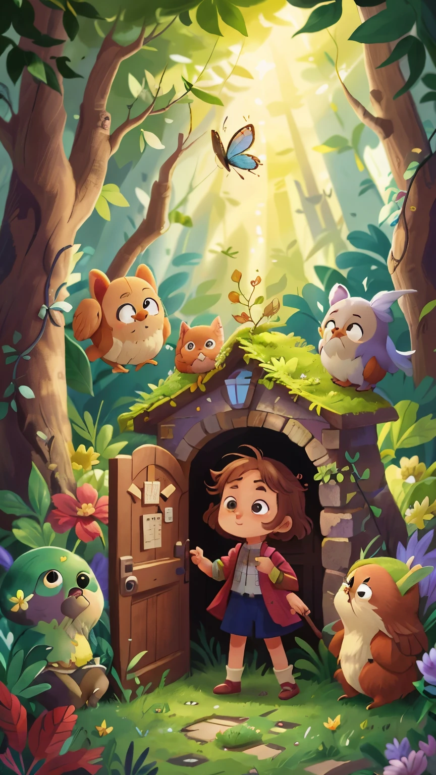 hello I have to create the first cover of my next children's book, voici le synopsie:"A curious girl discovers a secret door in her garden that leads her to an enchanted forest filled with magical creatures. Elle rencontre un sage hibou qui l'accompagne dans sa quête pour trouver un trésor caché. The first page shows the girl approaching the secret door, surrounded by flowers and butterflies, avec un air de curiosité et d'excitation sur son visage."
