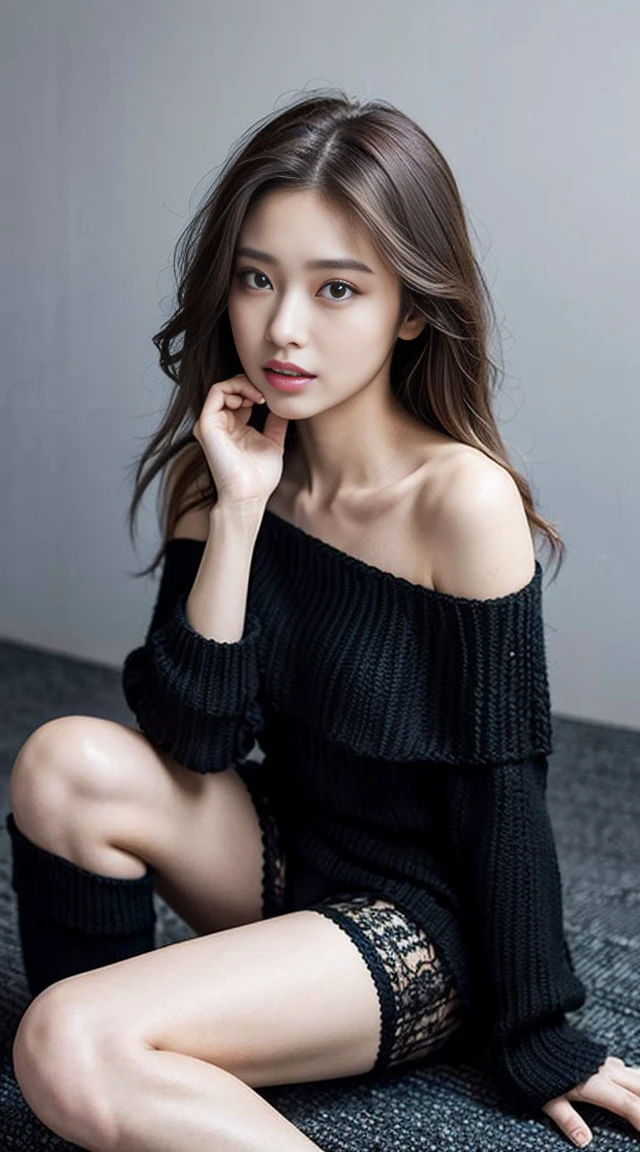 dark brown hair、light brown eyes、Japanese actress face、 lady、I'Iは彼とIが好きです'I'Iは40歳くらいです.、(intricate details:1.2)、(which one is the top?:1.4)、 (ultra high resolution:1.2)、ultra high resolution、(finely tuned)、(detailed facial features)、nffsw、8K resolution、D cup size breasts、long hair、1 girl, A look of deep sadness, (Highly detailed beautiful face), (black knit top:1.5),black close-fitting shorts、 (bare shoulders:1.3), (highest quality:1.4), (Super detailed)、beautiful fair skin, Angle from above、beautiful feet、stick out your butt、 open your mouth a little、Visible legs、Pose of Weakness、obscene pose、Street fashion、put your hand on your head、touch hair、