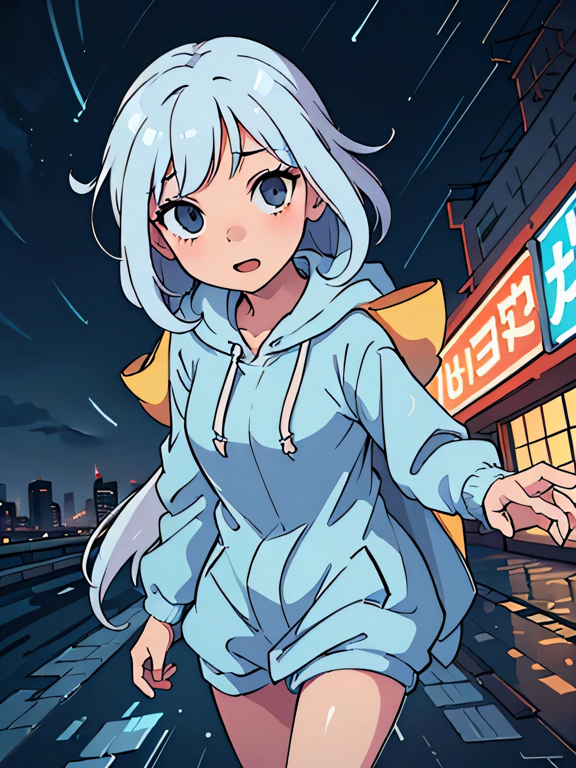(highest quality:0.8) perfect anime illustration, cute, 25 year old woman, (Raincoat:1.4), (hood:1.5), storm, big city, Crowded, night