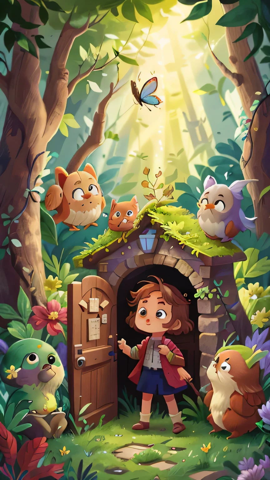 hello I have to create the first cover of my next children&#39;s book, voici le synopsie:"a curious  discovers a secret door in her garden that leads her to an enchanted forest filled with magical creatures. Elle rencontre un sage hibou qui l'accompagne dans sa quête pour trouver un trésor caché. The first page shows the girl approaching the secret door, surrounded by flowers and butterflies, avec un air de curiosité et d'excitation sur son visage."