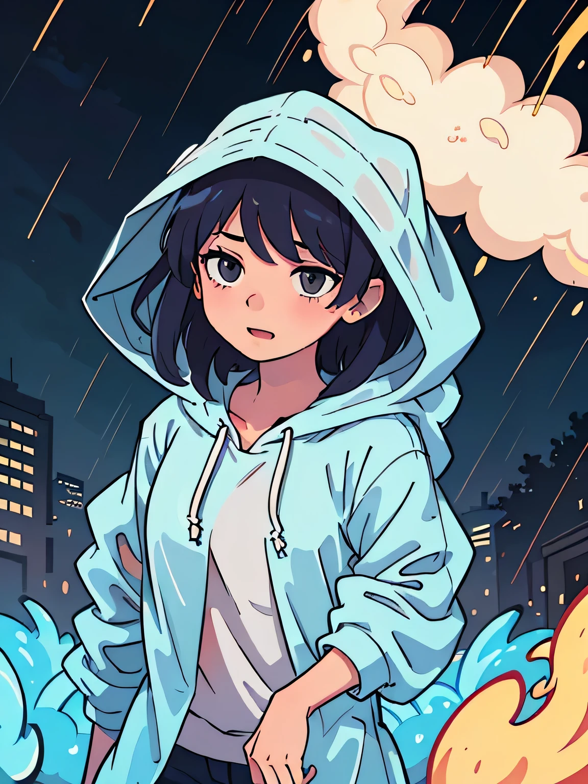 (highest quality:0.8) perfect anime illustration, cute, 25 year old woman, (Raincoat:1.4), (hood:1.5), storm, big city, Crowded, night