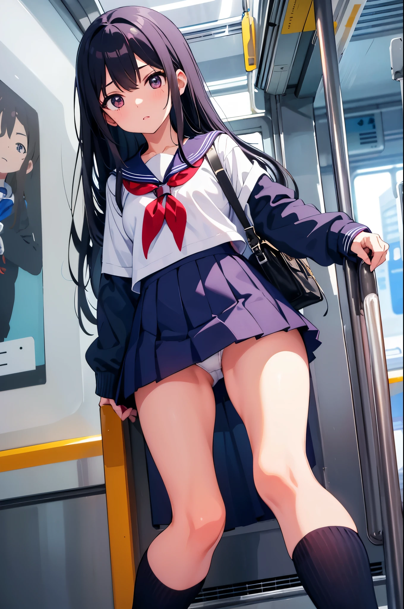 on the train 8-year-old flat chest blhair g hair eyes are purple ((1 person)) Upper half length sleeve white sailor uniform Lower body navy blue miniskirt((White panties are visible)) black socks sneakers Standing in front of the train entrance spread your legs a little I can see white panties dynamic angle Low angle from the front