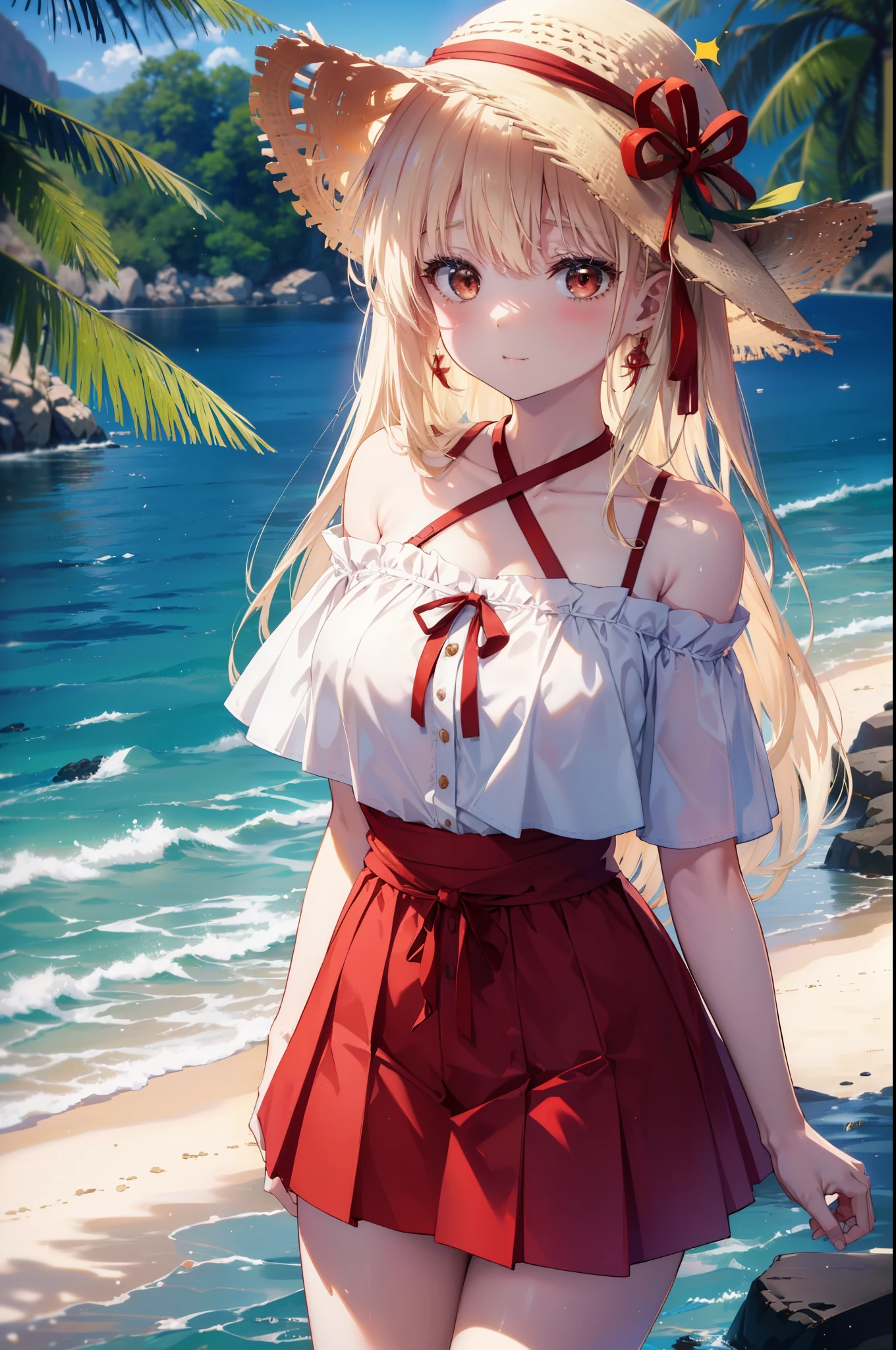 chisatonishikigi, nishikigi chisato,long hair , bangs, blonde hair, (red eyes:1.5), happy smile, smile, open your mouth,big straw hat,off shoulder dress,long skirt,naked neck,bare shoulders,bare clavicle,Grab the skirt with both hands and lift it up,barefoot,beachの砂浜を散歩しながら,風になびくblonde hair, real summer,Light of the sun,
break outdoors,beach ,
break looking at viewer,whole body (cowboy shot:1.5),
break (masterpiece:1.2), highest quality, High resolution, unity 8k wallpaper, (shape:0.8), (fine and beautiful eyes:1.6), highly detailed face, perfect lighting, Very detailed CG, (perfect hands, perfect anatomy),