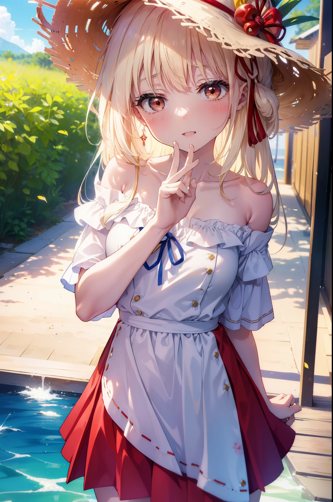 chisatonishikigi, nishikigi chisato,long hair , bangs, blonde hair, (red eyes:1.5), happy smile, smile, open your mouth,big straw hat,off shoulder dress,long skirt,naked neck,bare shoulders,bare clavicle,Grab the skirt with both hands and lift it up,barefoot,beachの砂浜を散歩しながら,風になびくblonde hair, real summer,Light of the sun,
break outdoors,beach ,
break looking at viewer,whole body (cowboy shot:1.5),
break (masterpiece:1.2), highest quality, High resolution, unity 8k wallpaper, (shape:0.8), (fine and beautiful eyes:1.6), highly detailed face, perfect lighting, Very detailed CG, (perfect hands, perfect anatomy),