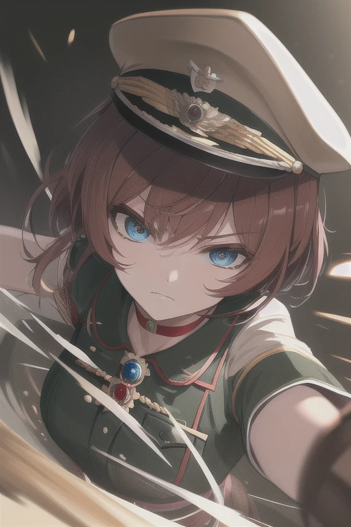 (Masterpiece, Best quality, Very detailed), Delicate pattern, Absolutely gorgeous concept art,
Sullen, eye focus, bust up,
Taniavon Degurechaff, 1, Gun, aiming, Hello, The military uniform, red choker, air_fighting_Pool, Motion blur, Focus line,