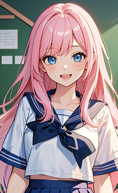 (masterpiece、top-quality、8k size wallpaper、offcial art)、(portrait,upper body)、(1girl),Open mouth happy grin,cute face,blue eyes、
,(stand),
,(sexy body),(sailor uniform,skirt),(long pale pink hair), (small breasts)、
、classroom,JK、