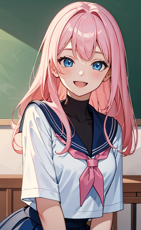 (masterpiece、top-quality、8k size wallpaper、offcial art)、(portrait,upper body)、(1girl),Open mouth happy grin,cute face,blue eyes、
,(stand),
,(sexy body),(sailor uniform,skirt),(long pale pink hair), (small breasts)、
、classroom,JK、