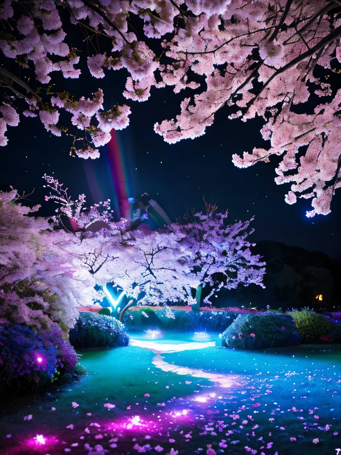 surely, The prompt for this image is, 「A fantastical view of cherry blossoms at night with the brightly shining universe as a backdrop」. There is a bright atmosphere, Highly saturated colors that emphasize the vividness of cherry blossoms and celestial bodies. The stars shine brighter, The Milky Way is painted in brighter shades of blue and purple, The entire scene glows with an otherworldly glow. The petals are also infused with delicate rainbow colors.., It creates a fantastic atmosphere, as if the tree is bathed in starlight.。..」