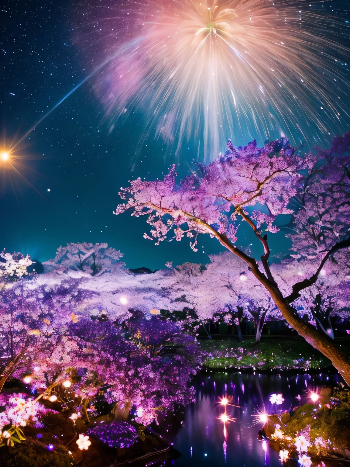 surely, The prompt for this image is, 「A fantastical view of cherry blossoms at night with the brightly shining universe as a backdrop」. There is a bright atmosphere, Highly saturated colors that emphasize the vividness of cherry blossoms and celestial bodies. The stars shine brighter, The Milky Way is painted in brighter shades of blue and purple, The entire scene glows with an otherworldly glow. The petals are also infused with delicate rainbow colors.., It creates a fantastic atmosphere, as if the tree is bathed in starlight.。..」