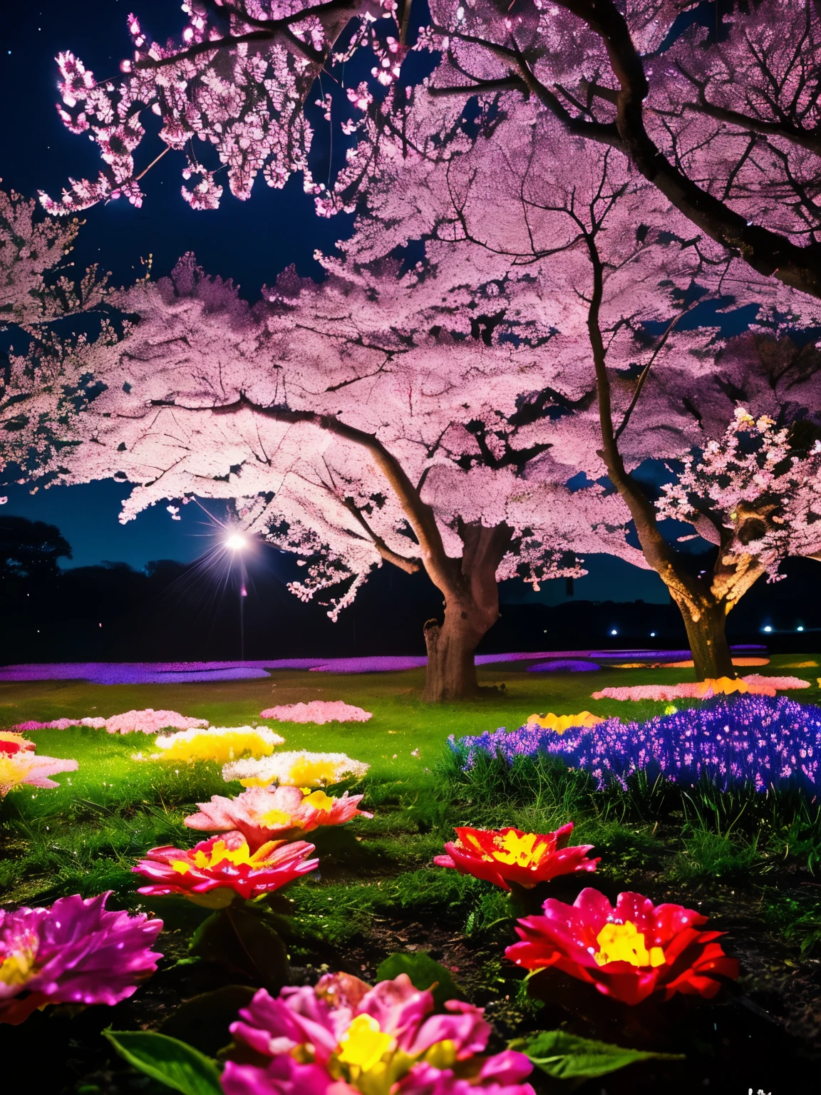 surely, The prompt for this image is, 「A fantastical view of cherry blossoms at night with the brightly shining universe as a backdrop」. There is a bright atmosphere, Highly saturated colors that emphasize the vividness of cherry blossoms and celestial bodies. The stars shine brighter, The Milky Way is painted in brighter shades of blue and purple, The entire scene glows with an otherworldly glow. The petals are also infused with delicate rainbow colors.., It creates a fantastic atmosphere, as if the tree is bathed in starlight.。..」