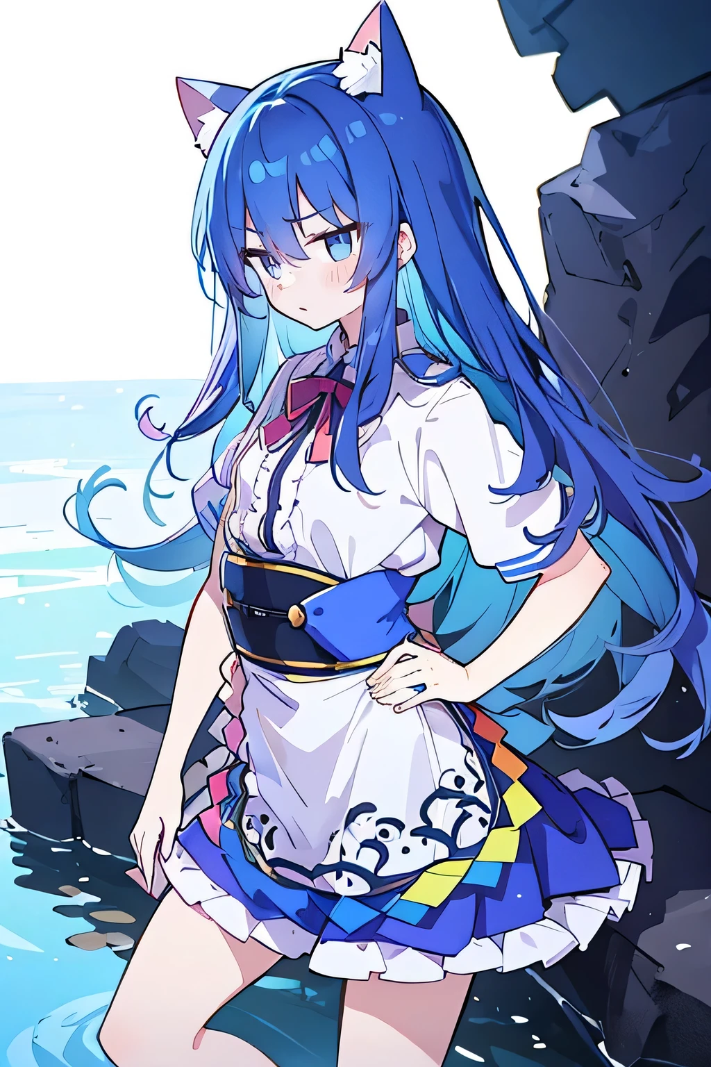 (masterpiece),best quality, expressive eyes, perfect face, 1girl,
Put your hands on your waist,fair, Gorgeous,Japanese cartoons,girl,lola,Hina Angel, blue hair, blue haired, floating clothes,Grab your waist, Grab your waist, hands on hips , hands on hips,sit, sit on ground, Legs on the ground, flat chest,cat ears,