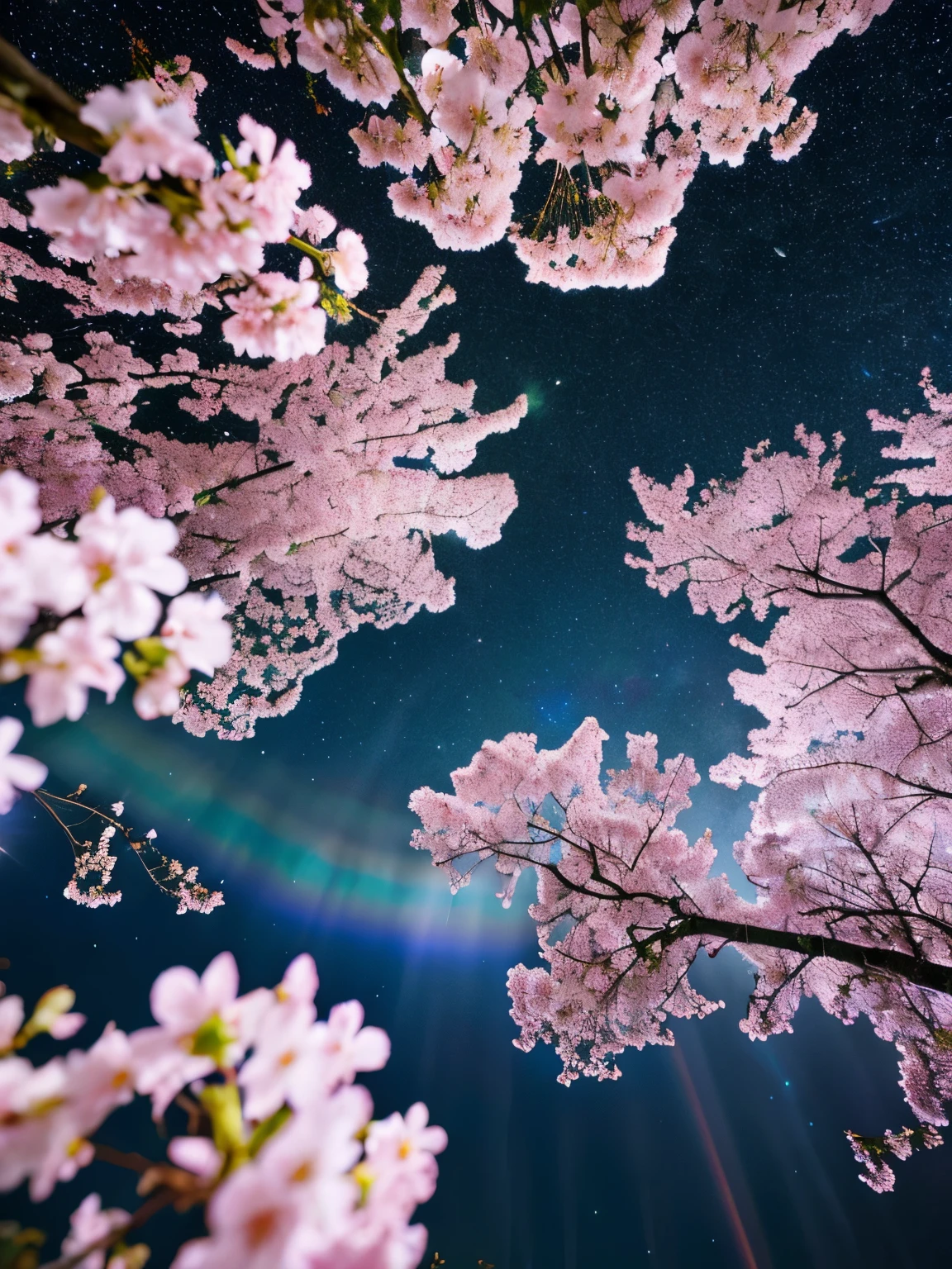 surely, The prompt for this image is, 「A fantastical view of cherry blossoms at night with the brightly shining universe as a backdrop」. There is a bright atmosphere, Highly saturated colors that emphasize the vividness of cherry blossoms and celestial bodies. The stars shine brighter, The Milky Way is painted in brighter shades of blue and purple, The entire scene glows with an otherworldly glow. The petals are also infused with delicate rainbow colors.., It creates a fantastic atmosphere, as if the tree is bathed in starlight.。..」