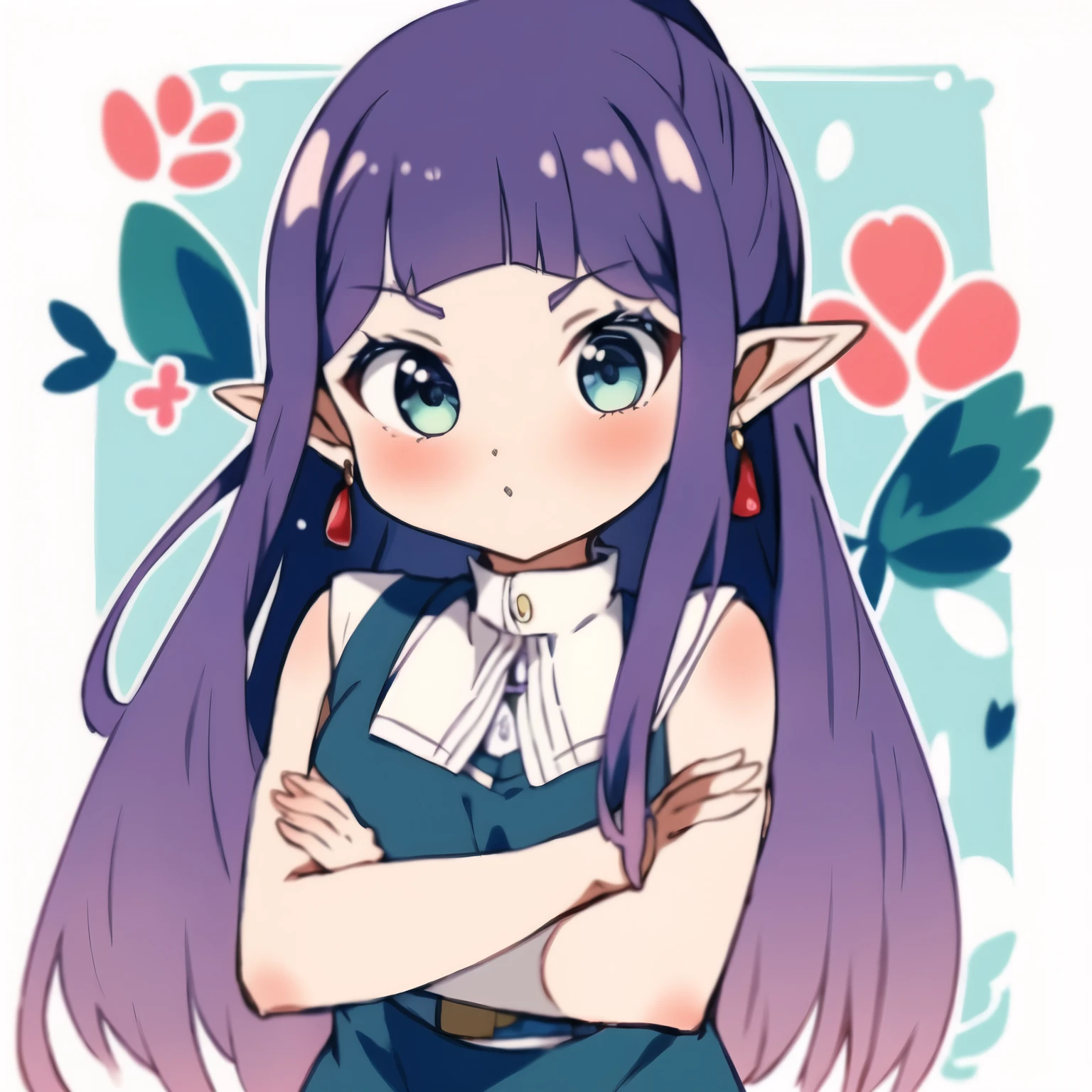 To freeze, 1 girl, long hair, pointed ears, ponytail, Jewelry, elf, earrings, split bangs, flower, serious, crossed arms, blushing, from below, девушка с фиолетовыми волосами Fern и elfийка с белыми волосами Frieren готовят еду в духовке