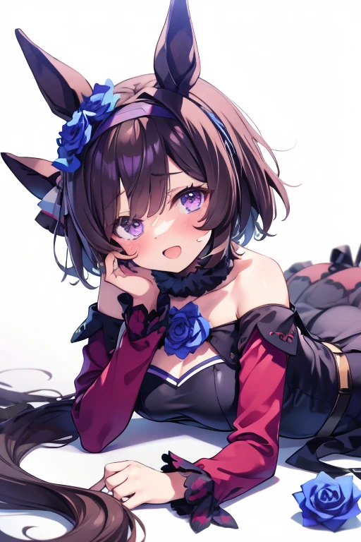 lying down,close your face,Nishinohana from Uma Musume,Uma Musume,nishinohana,short hair,red headband,beautiful purple eyes,black dress,frills,Blue rose,black stockings,cute,Curvaceous,smile with open mouth,blush,troubled face,upper grade,simple background,best image quality,highest quality,masterpiece
