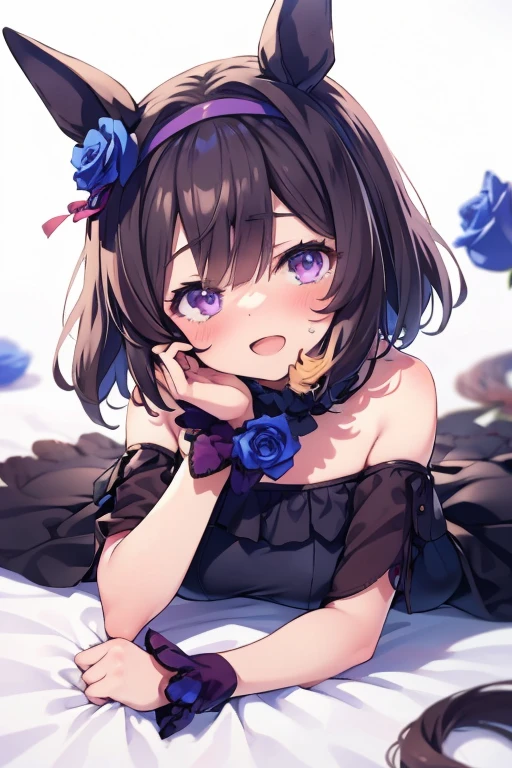 lying down,close your face,Nishinohana from Uma Musume,Uma Musume,nishinohana,short hair,red headband,beautiful purple eyes,black dress,frills,Blue rose,black stockings,cute,Curvaceous,smile with open mouth,blush,troubled face,upper grade,simple background,best image quality,highest quality,masterpiece