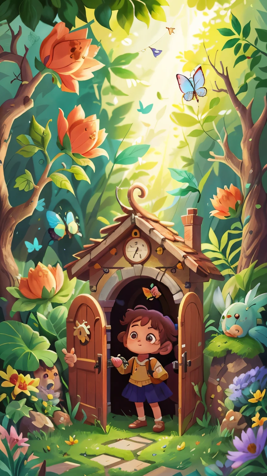 hello I have to create the first cover of my next children's book, voici le synopsie:"A curious girl discovers a secret door in her garden that leads her to an enchanted forest filled with magical creatures. Elle rencontre un sage hibou qui l'accompagne dans sa quête pour trouver un trésor caché. The first page shows the girl approaching the secret door, surrounded by flowers and butterflies, avec un air de curiosité et d'excitation sur son visage."