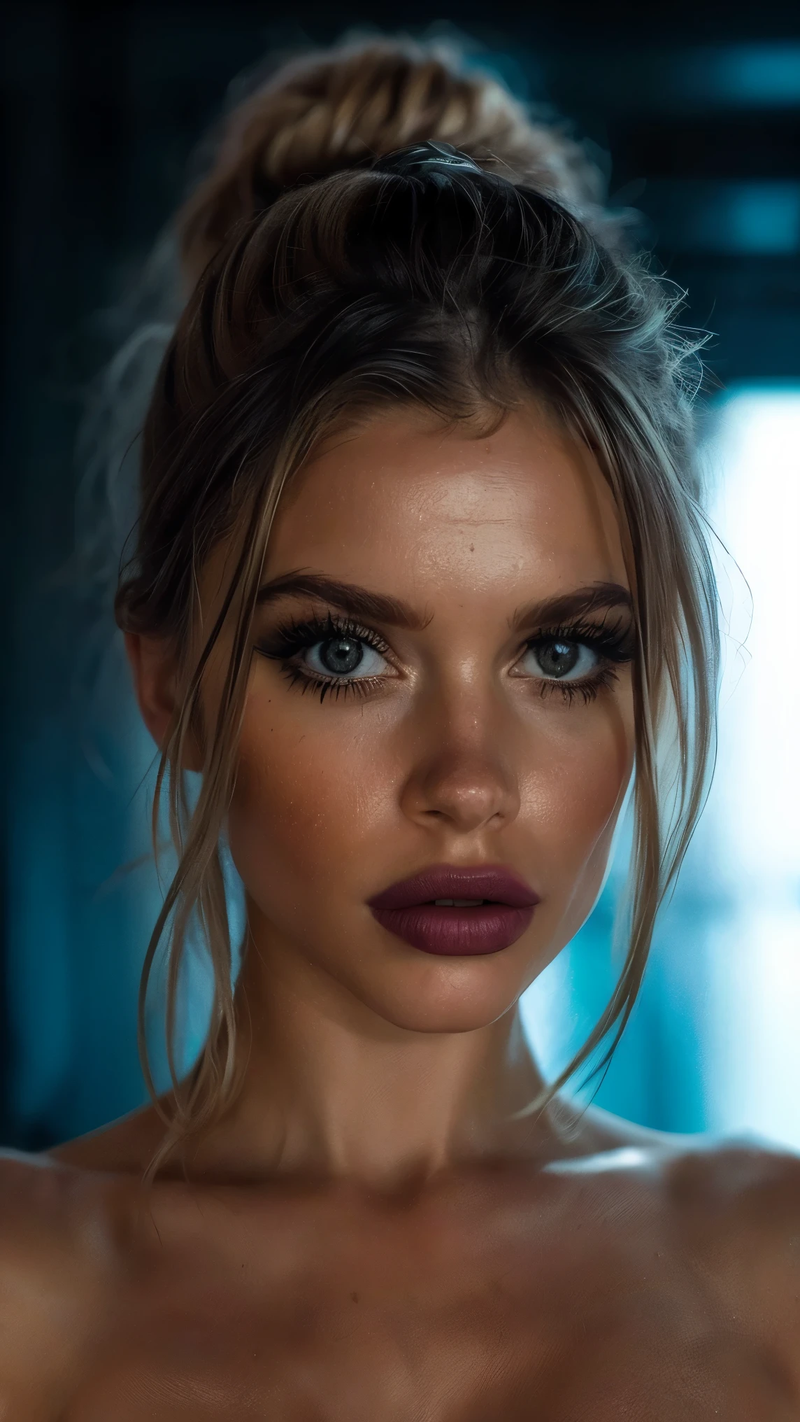 (((ultrarealistisch))) Foto, Meisterwerk, top quality, (blasse Haut), (Ultradetailliertes Gesicht und Augen:1.3), 1 girl, Erwachsene, im T-Shirt, (Augen Makeup, Maskara) , ((large detailed lips)), ((Dunkles, welliges Haar)), ((Chyolka)) , ((natural breasts)). ((posieren)), Foto-Shooting, Studio (sanfte Beleuchtung), (Das Spiel von Licht und Schatten), depth of field, bokeh, (Besonderes Augenmerk auf Hautdetails: 1.2), (Dark atmosphere of the frame, dunkle Farbgebung), ((portrait, nah an der Draufsicht der Kamera)) , Ultra detailliert, 