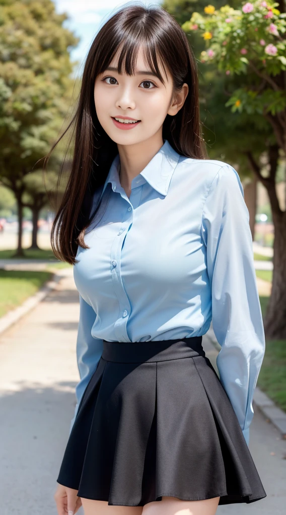 ((highest quality,8K,masterpiece:1.3)), Japanese, 26 year old female model,bangs、black haired、long hair、straight hair、Hair fluttering in the wind、(Light blue dress shirt）,（black flared skirt:1.2),slim body shape、small breasts、laughter、The background is an empty park、