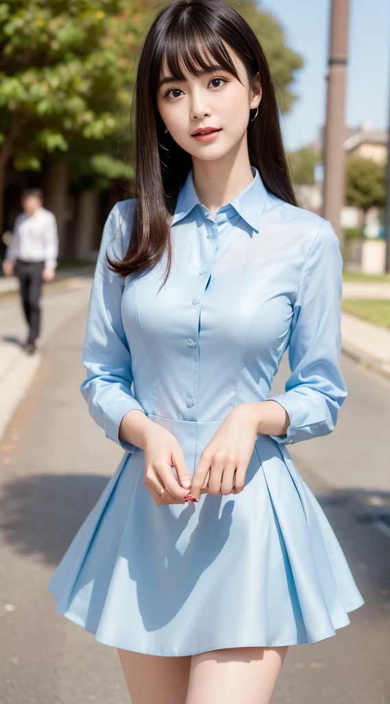 ((highest quality,8K,masterpiece:1.3)), Japanese, 26 year old female model,bangs、black haired、long hair、straight hair、Hair fluttering in the wind、(Light blue dress shirt）,（black flared skirt:1.2),slim body shape、small breasts、laughter、The background is an empty park、