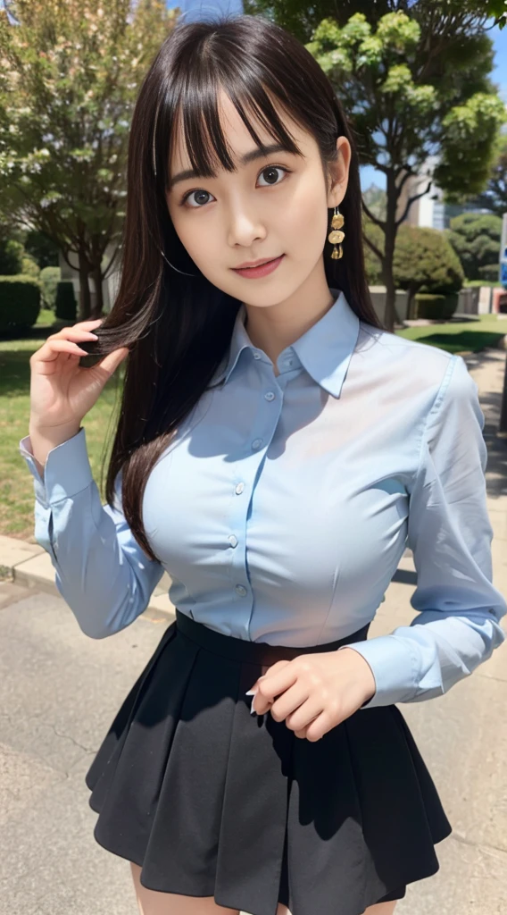 ((highest quality,8K,masterpiece:1.3)), Japanese, 26 year old female model,bangs、black haired、long hair、straight hair、Hair fluttering in the wind、(Light blue dress shirt),(black flared skirt:1.2),slim body shape、small breasts、laughter、The background is an empty park、