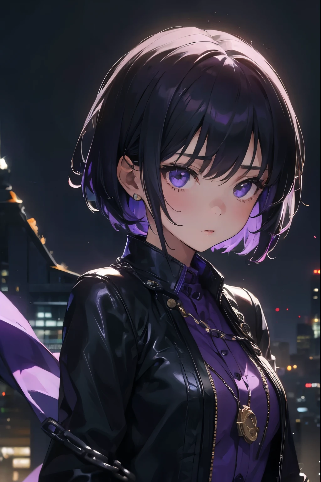 (1 girl:1.3),alone,__body parts__, official art, 8k unit wallpaper, super detailed, close up of face, beautiful and aesthetic, nice, masterpiece, highest quality, great atmosphere, a calming palette, quiet mood, soft shading, witch witch, charm spell, family amulet, Shrine Maiden&#39;s Mission, dark aesthetic, suit and tie、black leather shorts with many chains around the body、Black leather jacket,  With the city of Tokyo in the background, (messy purple short hair),