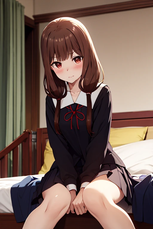 1girl,masterpiece,best quality,highres,iino miko,brown eyes brown hair low twintails,miko iino,indoors,bed,sitting,spread legs,embarrassed,blush,crotch grab,((school uniform))