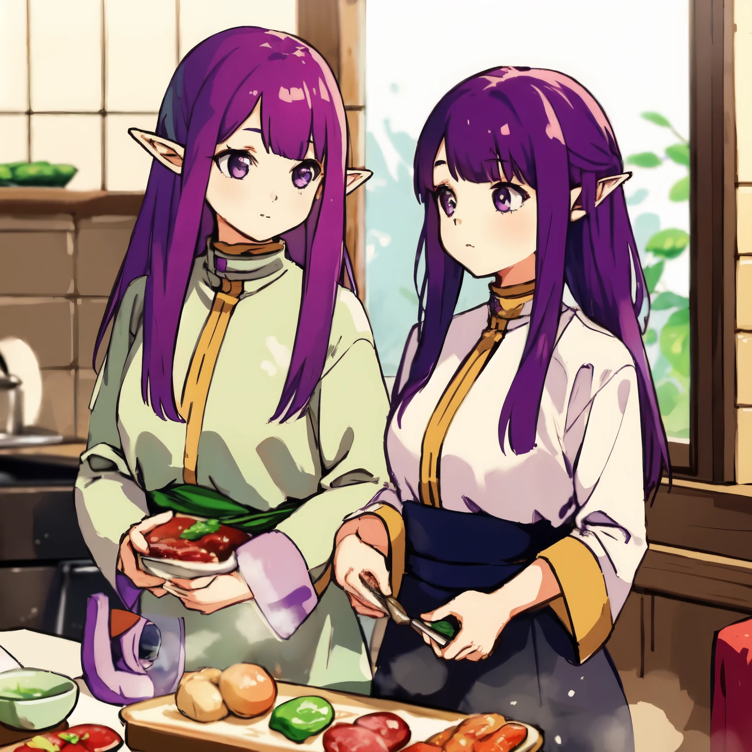 a girl with purple hair Fern and an elf with white hair Frieren prepare food in the oven