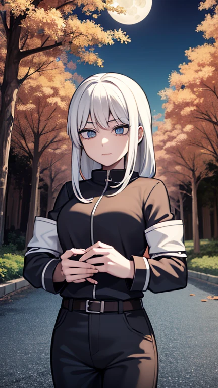 Masterpiece, Best quality, High accuracy, 1girl, Single, Kocho Shinobu, Light blue eyes with Sharingan , White hair, long hair , Parted bangs, Black pants, Black jacket, robin&#39;s hair, Akama, Kunoichi, M. Long, belt,, forest, a night, Moon, calm smile, Naruto 