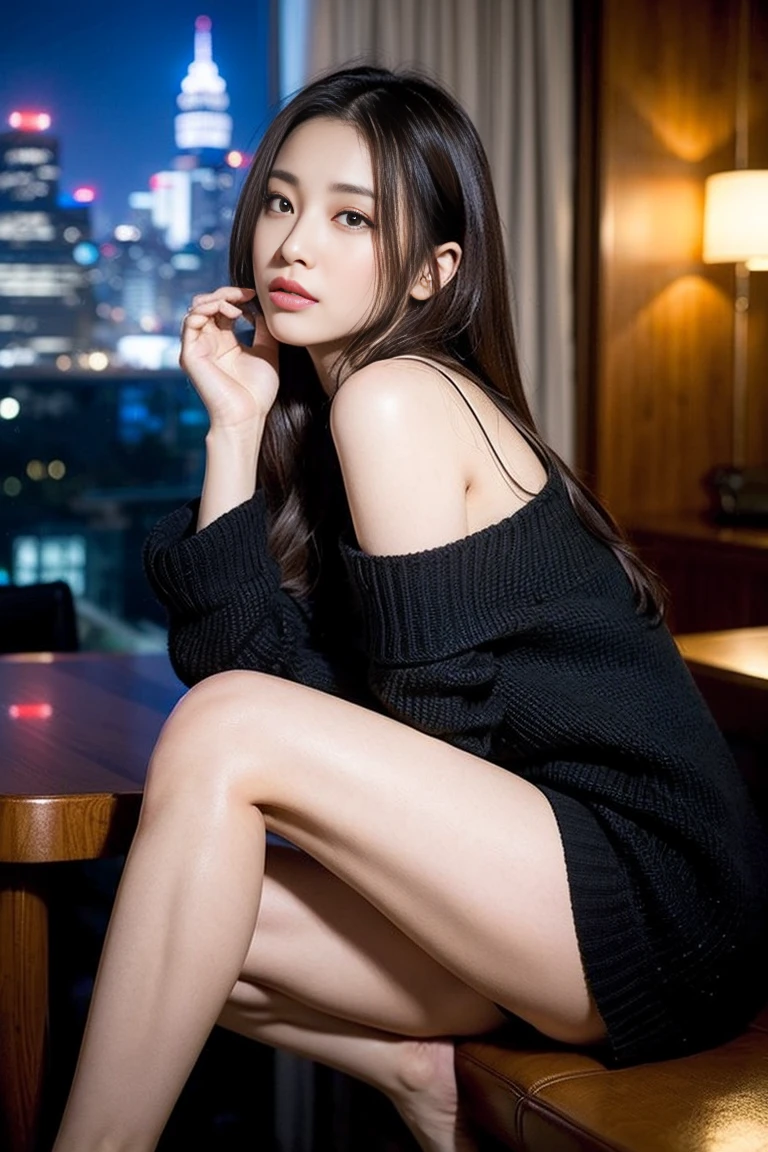 dark brown hair、light brown eyes、Japanese actress face、 lady、I'Iは彼とIが好きです'I'Iは40歳くらいです.、(intricate details:1.2)、(which one is the top?:1.4)、 (ultra high resolution:1.2)、ultra high resolution、(finely tuned)、(detailed facial features)、nffsw、8K resolution、D cup size breasts、long hair、rooftop bar、night view、luxurious space、relax、、,full body photo、head to toe shot、beautiful feet、camisole dress、beautiful feet、she, center of fashion, extreme details, very detailed, realistic, hourglass body, obscene pose,、、I cry a lot、tears、diagonally from below、raise your chin、put your butt against the wall、relaxした表情、Pose of Weakness、(auraroid photo:1.2)、from outside the window、A masterpiece of transparent painting、8K、32k、highest quality、(Details of both eyes)、1 girl、elegant、(black loose knit :1.4)、night view。(Low - Angle、見上げてIを見ている:1.2)、Hilarious、look at the camera、