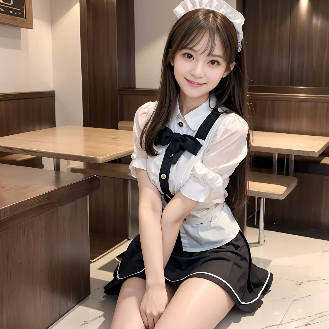 highest quality、8K、pretty girl、slightly slender girl、Spiteful eyes、smile、Please take a picture of your whole body、Maid clotheaid Cafe、mini skirt、beautiful feet